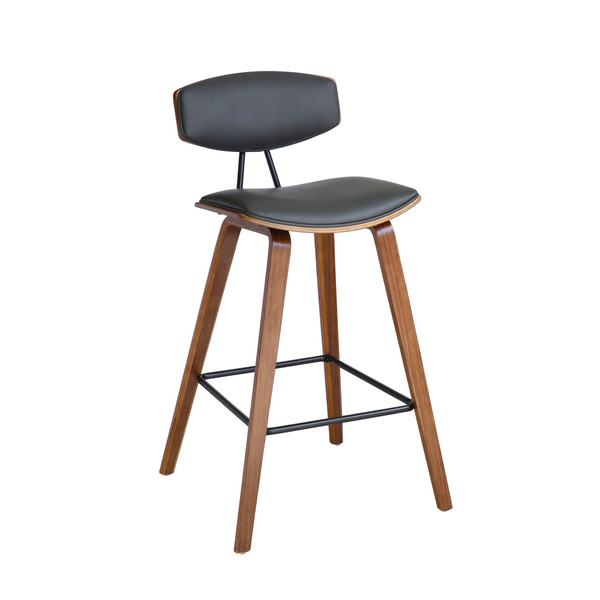 Armen Fox 30" Mid-Century Bar Height Barstool In Gray Faux Leather With Walnut Wood LCFOBAWAGR30