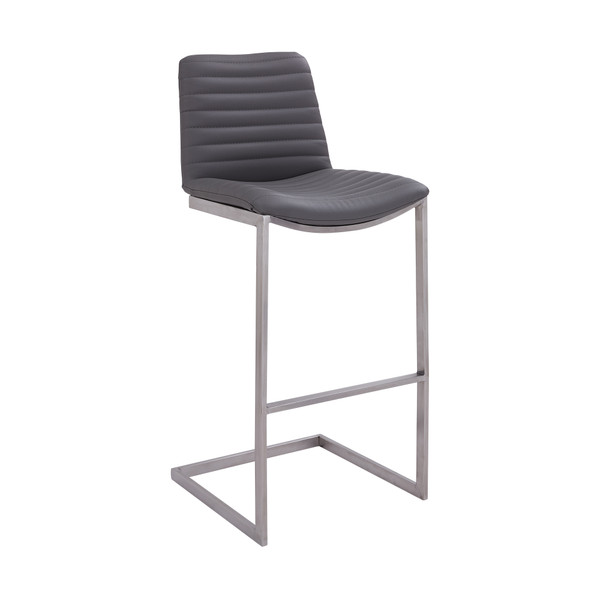 Armen Lucas Contemporary 26" Counter Height Barstool In Brushed Stainless Steel Finish And Grey Faux Leather LCLUBABSGR26