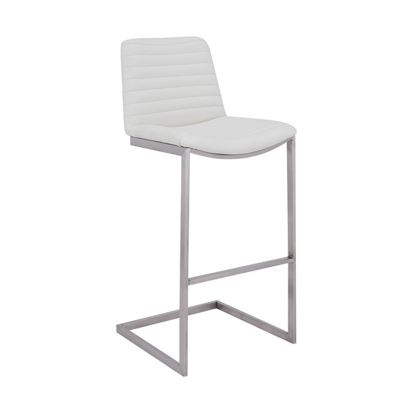 Armen Lucas Contemporary 30" Bar Height Barstool In Brushed Stainless Steel Finish And White Faux Leather LCLUBABSWH30