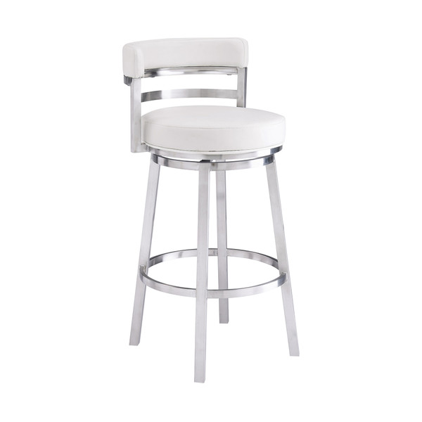 Armen Madrid Contemporary 30" Bar Height Barstool In Brushed Stainless Steel Finish And White Faux Leather LCMABABSWH30
