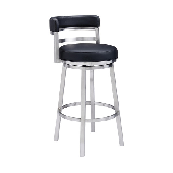 Armen Madrid Contemporary 30" Bar Height Barstool In Brushed Stainless Steel Finish And Black Faux Leather LCMABABSBL30