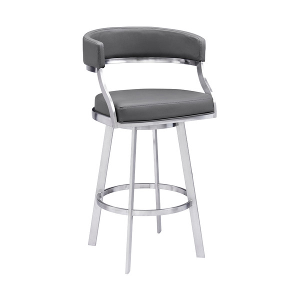 Armen Saturn Contemporary 26" Counter Height Barstool In Brushed Stainless Steel Finish And Grey Faux Leather LCSNBABSGR26