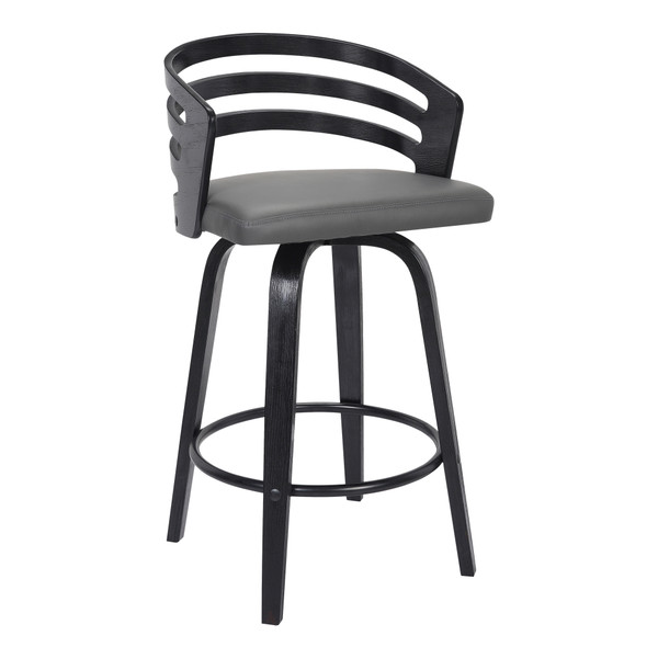 Armen Jayden Contemporary 30" Bar Height Swivel Barstool In Black Brush Wood Finish And Grey Faux Leather LCJYBAGRBL30