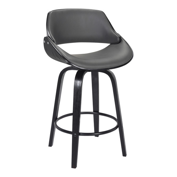 Armen Mona Contemporary 26" Counter Height Swivel Barstool In Black Brush Wood Finish And Grey Faux Leather LCMNBABLGR26