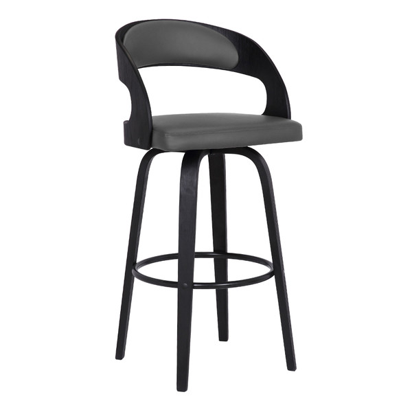 Armen Shelly Contemporary 26" Counter Height Swivel Barstool In Black Brush Wood Finish And Grey Faux Leather LCSHBAGRBL26