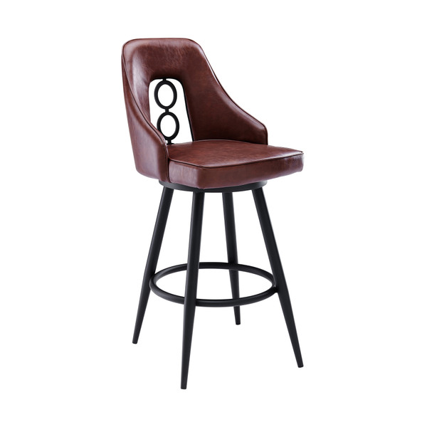 Armen Ruby Contemporary 30" Bar Height Barstool In Black Powder Coated Finish And Vintage Coffee Faux Leather LCRUBABLVC30