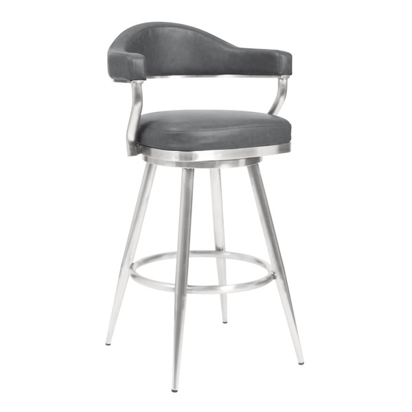 Armen Justin 26" Counter Height Barstool In Brushed Stainless Steel And Vintage Grey Faux Leather LCJTBABSVG26