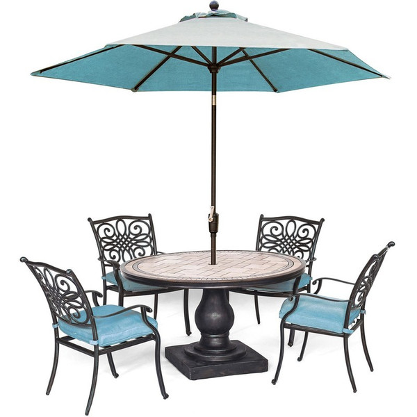 Monaco 5 Piece ( 2 Cush Dining Chairs, 51" Round Tile Top Table, Umbrella)