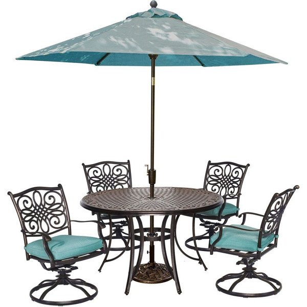 Traditions 5 Piece (4 Swivel Rockers, 48" Round Cast Table, Umbrella, Base)