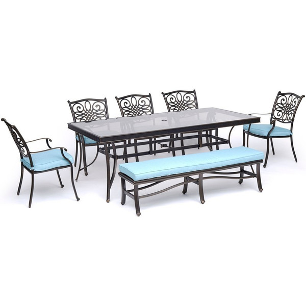 Traditions 7 Piece (5 Dining Chairs, Backless Bench, 42X84" Glass Top Table)