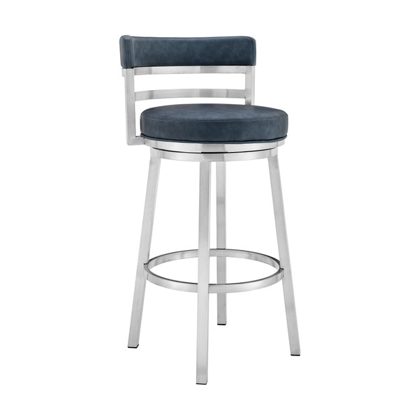 Armen Living Madrid Contemporary 26" Counter Height Barstool In Brushed Stainless Steel Finish And Blue Faux Leather LCMABABSBLU26
