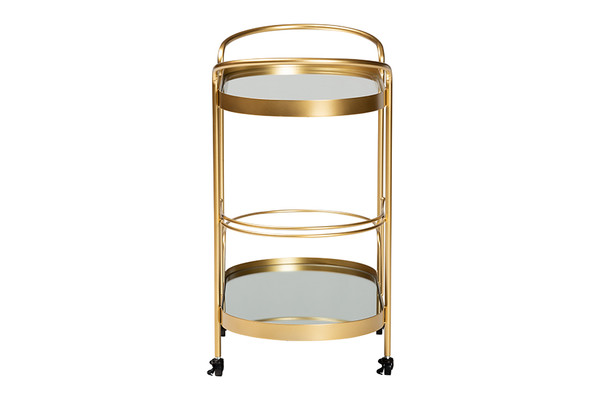 Kamal Modern And Contemporary Glam Brushed Gold Finished Metal And Mirrored Glass 2-Tier Mobile Wine Bar Cart By Baxton Studio JY20A268-Gold-Cart