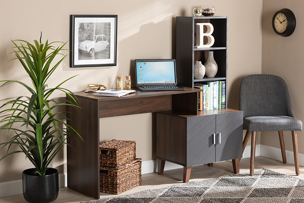 Baxton Studio Jaeger Modern And Contemporary Two-Tone Walnut Brown And Dark Grey Finished Wood Storage Desk With Shelves SESD8019WI-Columbia/Dark Grey-Desk