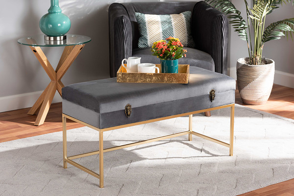 Baxton Studio Aliana Glam And Luxe Grey Velvet Fabric Upholstered And Gold Finished Metal Large Storage Ottoman JY19B-051L-Grey Velvet/Gold-Otto