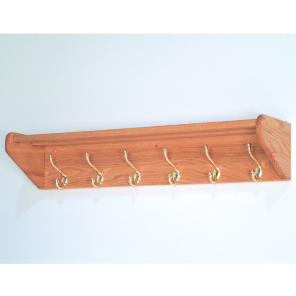 6 Hook Shelf, Brass Hooks, Light Oak 36HCRLO By Wooden Mallet