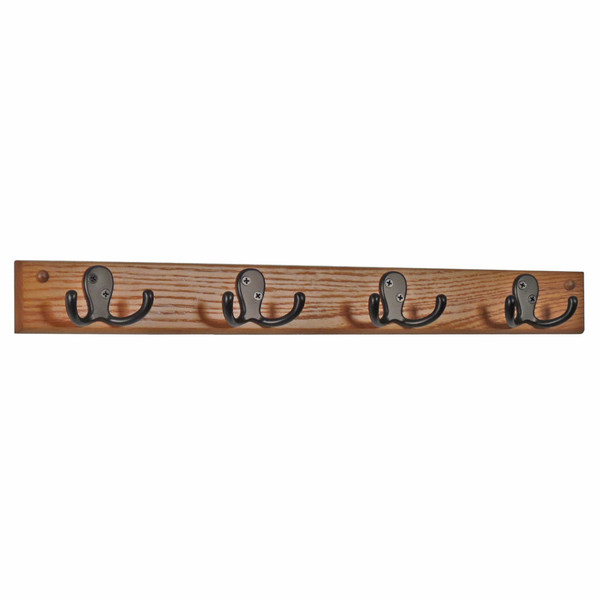 4 Double Prong Hook Rail/Coat Rack, Black Hooks, Medium Oak HSD4KMO By Wooden Mallet