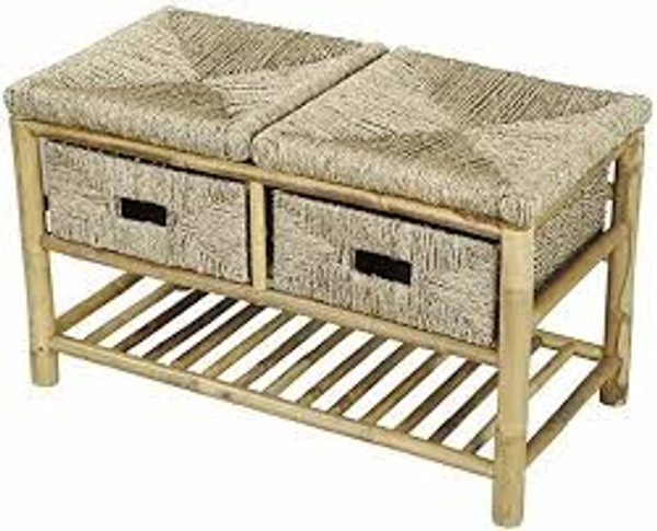 Rectangular Brown Bench Bamboo Frame With 2 Basket Weave Drawers And Bottom Shelf 383050 By Homeroots