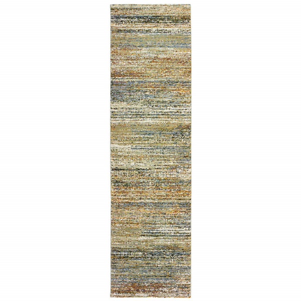 8' Distressed Gold And Green Abstract Indoor Runner Rug 383700 By Homeroots