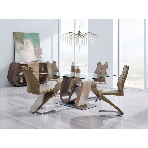 Oak And Walnut Two Toned Geometrical Base With Glass Top Dining Table 383827 By Homeroots