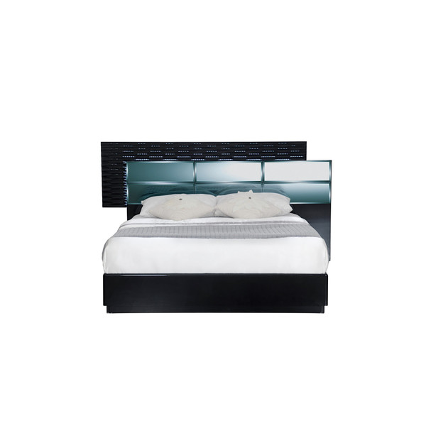 Modern Black Queen Bed With Headboard Led Lightning Smoked Mirrored Panels 383852 By Homeroots