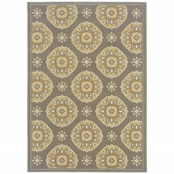 6' X 9' Grey Gold Floral Medallion Discs Indoor Outdoor Area Rug 384201 By Homeroots