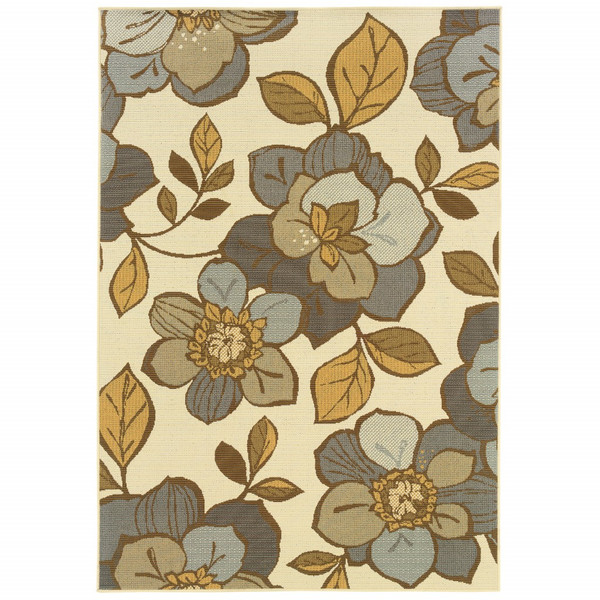 4' X 6' Ivory Gray Large Floral Blooms Indoor Outdoor Area Rug 384207 By Homeroots