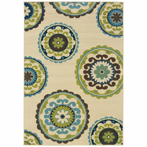 3' X 5' Ivory Indigo And Lime Medallion Disc Indoor Outdoor Area Rug 384323 By Homeroots