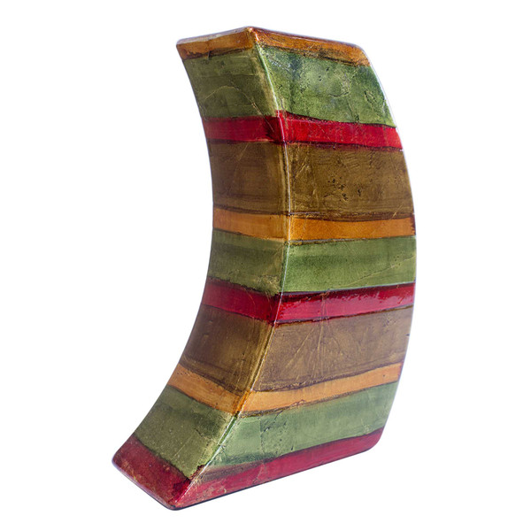 7" X 3" X 10" Green Red Brown Copper Ceramic Lacquered Striped Modern Vase 354514 By Homeroots