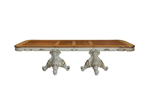 49" X 120" X 31" Antique Pearl Cherry Oak Wood Poly-Resin Dining Table W/Double Pedestal 348650 By Homeroots