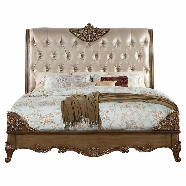 85" X 107" X 71" Champagne Pu Antique Gold Wood Upholstered (Hb) California King Bed 348183 By Homeroots