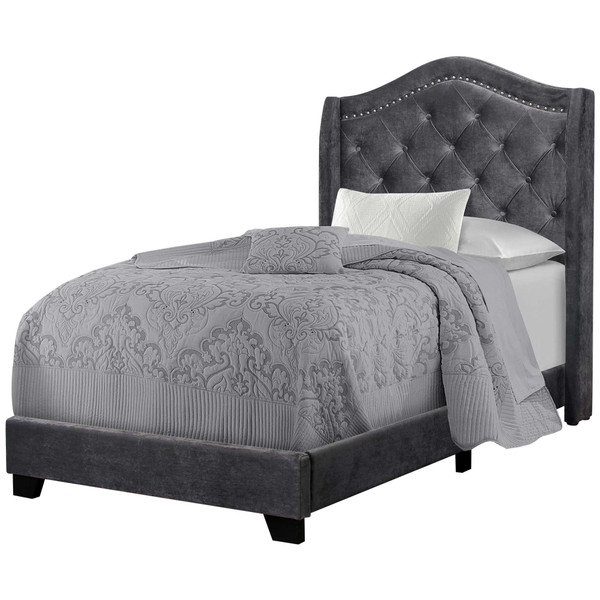 45.75" X 82.75" X 56.5" Dark Grey, Foam, Solid Wood, Velvet - Twin Size Bed With A Chrome Trim 333320 By Homeroots