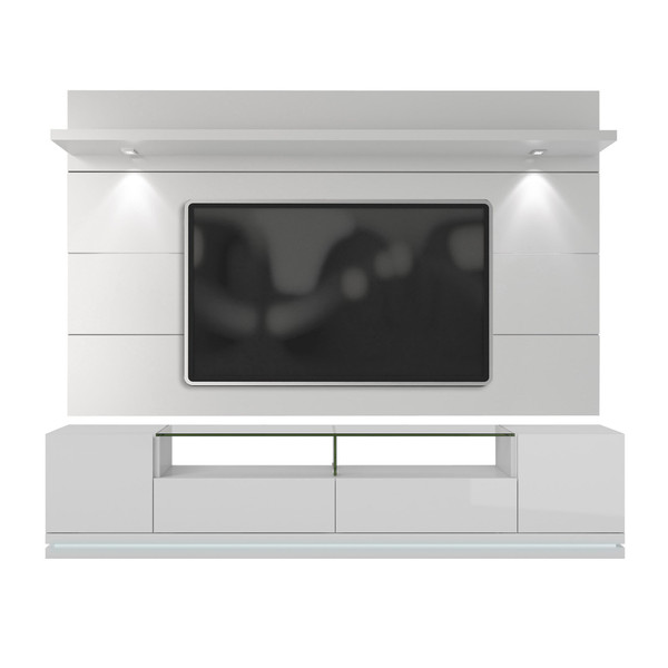 White Gloss Tv Stand And Floating Wall Tv Panel With Led Lights 250500 By Homeroots