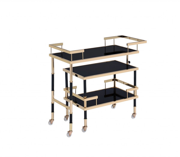 16" X 36" X 34" Gold Black Smoky Glass Metal Casters Serving Cart 347565 By Homeroots