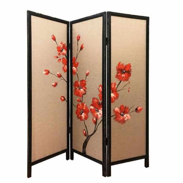 60" X 1" X 63" Brown, Fabric And Wood, Blooming - 3 Panel Screen 342765 By Homeroots