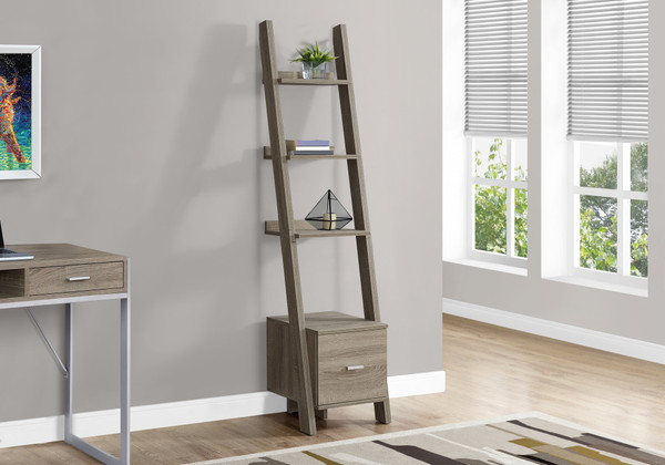 69" Dark Taupe Particle Board Ladder Bookcase With A Storage Drawer 332948 By Homeroots