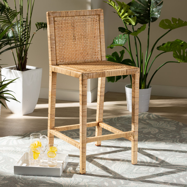 Sofia Modern And Contemporary Natural Finished Wood And Rattan Counter Stool By Baxton Studio Sofia-Natural-CS