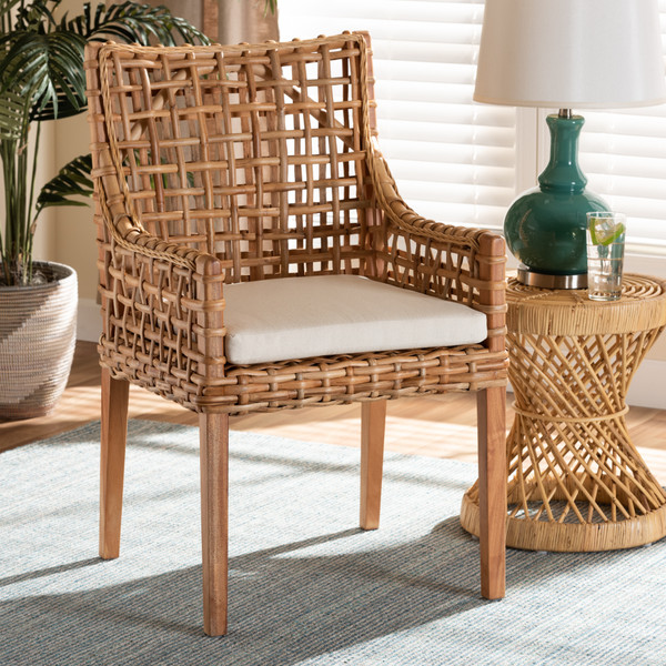 Saoka Modern And Contemporary Natural Brown Finished Wood And Rattan Dining Armchair By Baxton Studio Saoka-Natural-DC