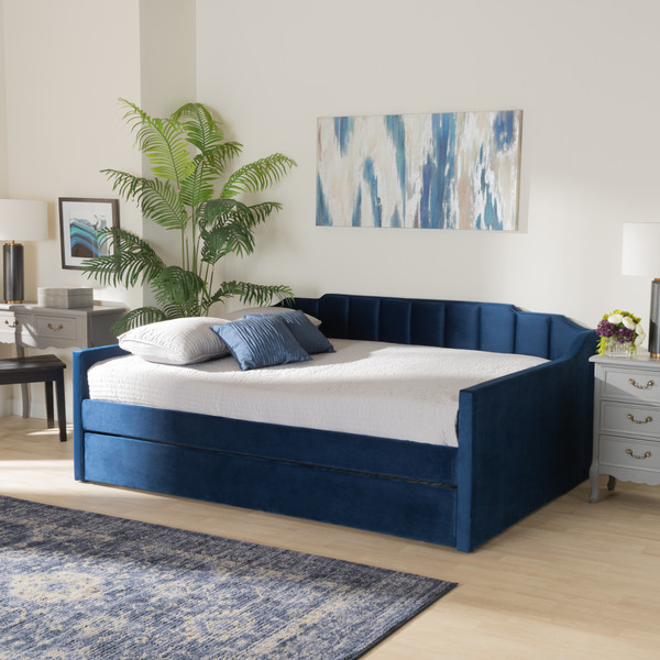 Lennon Modern And Contemporary Navy Blue Velvet Fabric Upholstered Full Size Daybed With Trundle By Baxton Studio CF9172-Navy Blue Velvet-Daybed-F/T