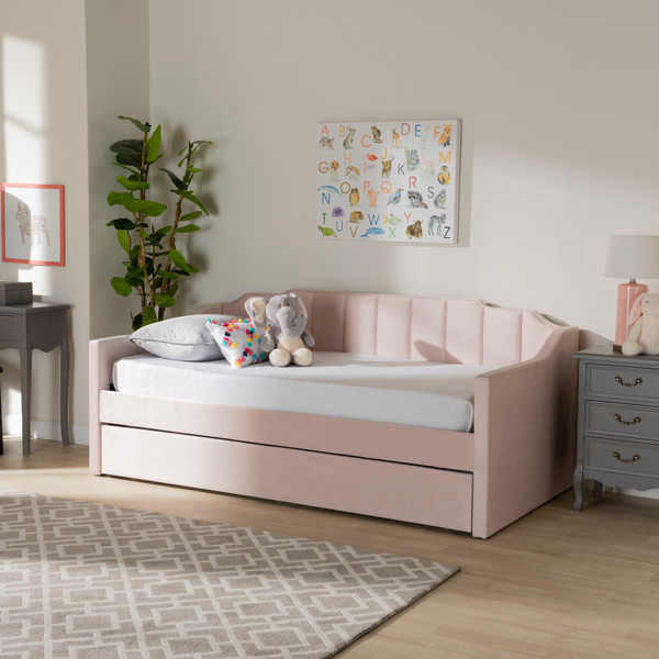 Lennon Modern And Contemporary Pink Velvet Fabric Upholstered Twin Size Daybed With Trundle By Baxton Studio CF9172-Pink Velvet Velvet-Daybed-T/T