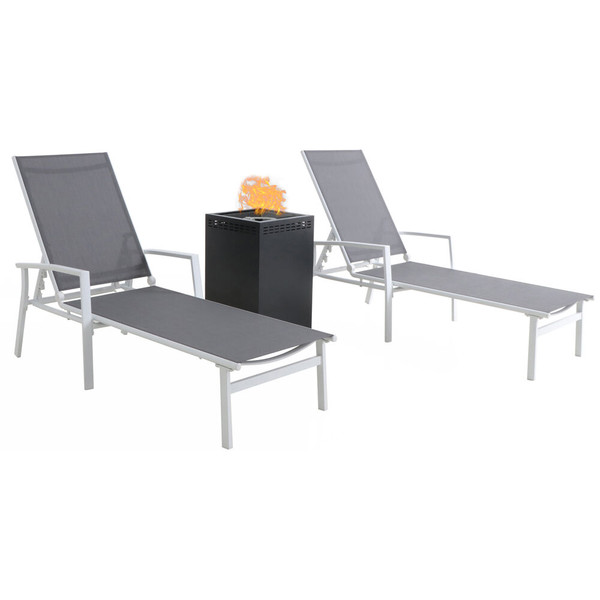 Mod Furniture Harper 3 Piece Chaise Set: 2 Alum Chaise Lounges And Glass Top Fire Pit HARPCHS3PCGFP-WG