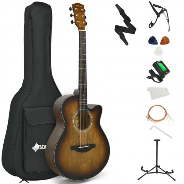MU10062CF 40" Full Size Cutaway Acoustic Guitar Starter Guitarra Bundle Kit -Coffee