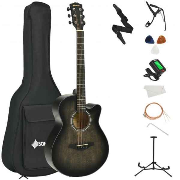 MU10062DK 40" Full Size Cutaway Acoustic Guitar Starter Guitarra Bundle Kit -Black