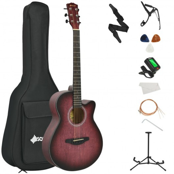 MU10062RE 40" Full Size Cutaway Acoustic Guitar Starter Guitarra Bundle Kit -Red