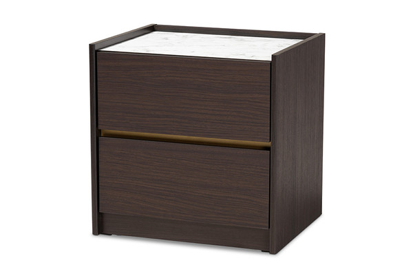 Walker Modern And Contemporary Dark Brown And Gold Finished Wood Nightstand With Faux Marble Top By Baxton Studio LV25ST2524-Modi Wenge/Marble-NS