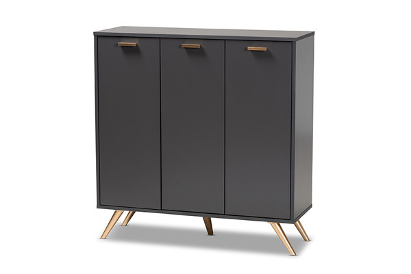 Kelson Modern And Contemporary Dark Grey And Gold Finished Wood 3-Door Shoe Cabinet By Baxton Studio LV19SC1915-Dark Grey-Shoe Cabinet