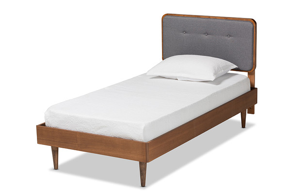 Cilka Mid-Century Modern Dark Grey Fabric Upholstered And Ash Walnut Finished Wood Twin Size Platform Bed By Baxton Studio Cilka-Dark Grey/Ash Walnut-Twin