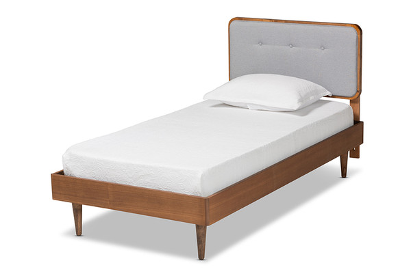 Cilka Mid-Century Modern Light Grey Fabric Upholstered And Ash Walnut Finished Wood Twin Size Platform Bed By Baxton Studio Cilka-Light Grey/Ash Walnut-Twin