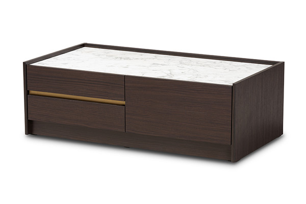 Walker Modern And Contemporary Dark Brown And Gold Finished Wood Coffee Table With Faux Marble Top By Baxton Studio LV25CFT2514-Modi Wenge/Marble-CT