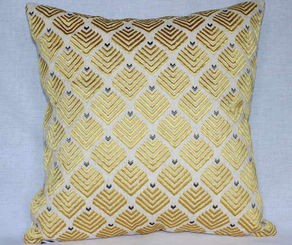 HOP61 Yellow Silk Thread Embroidered Pillow - 16" X 16"