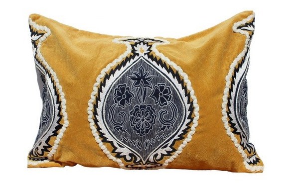 SN-4716 Yellow Cotton Velvet Blue Embroidered Pillow - 12"X 20"